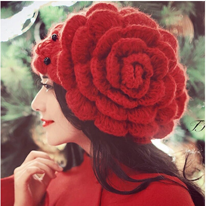 Big Flowers Beads Caps Sweet Women Winter Hat Beanies Lady Headgear Beanies Women’s Winter Hats Female Wool Knitted Hat alx