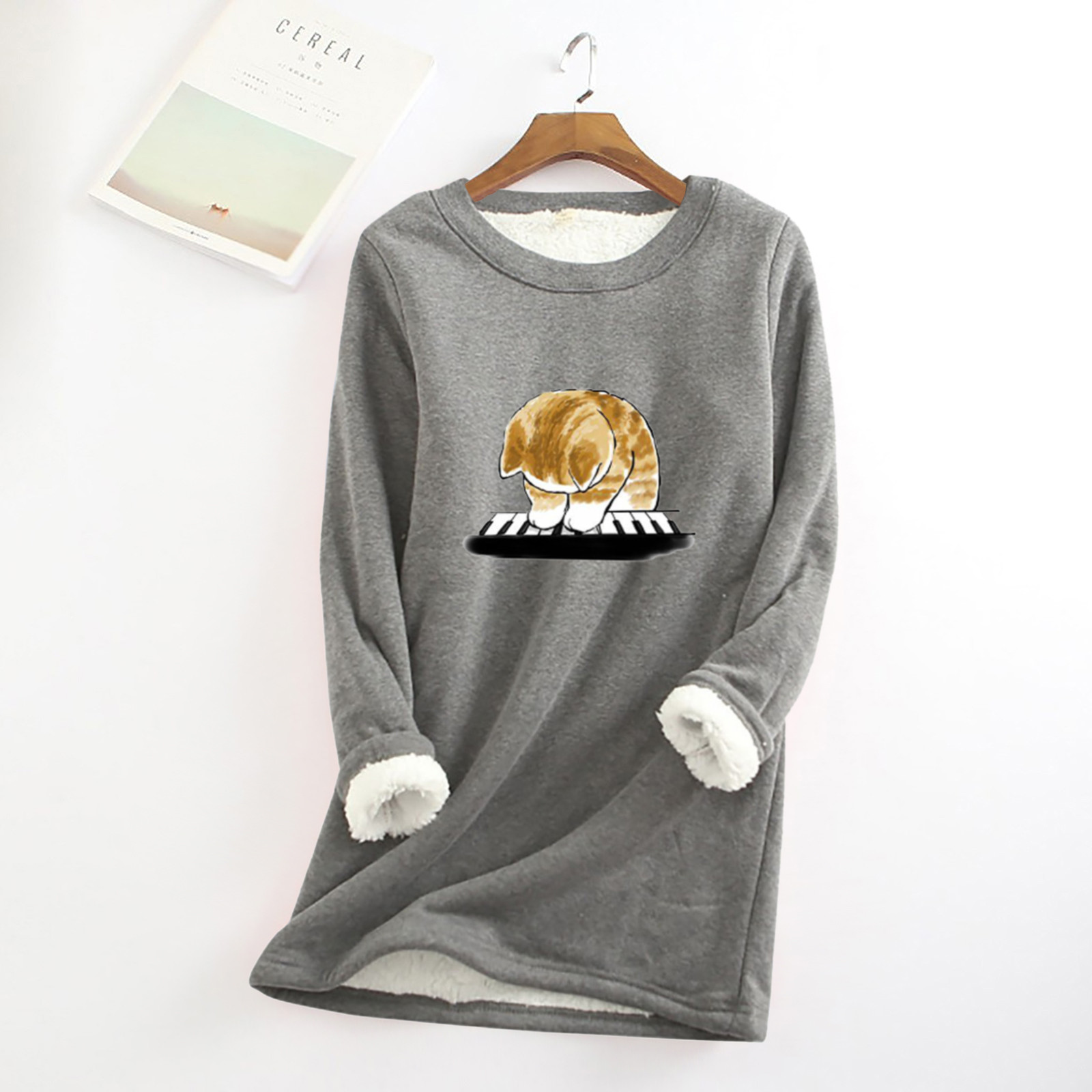 Women Thick Fleece Sweatshirt Korean Cute Cat Print Sweater 2021 Autumn Winter Warm O-neck Underwear Tops Casual Ladies Pullover alx