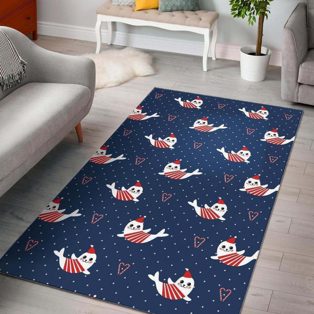 Cute sea lion seal christmas hat candy cane heart pattern Rug