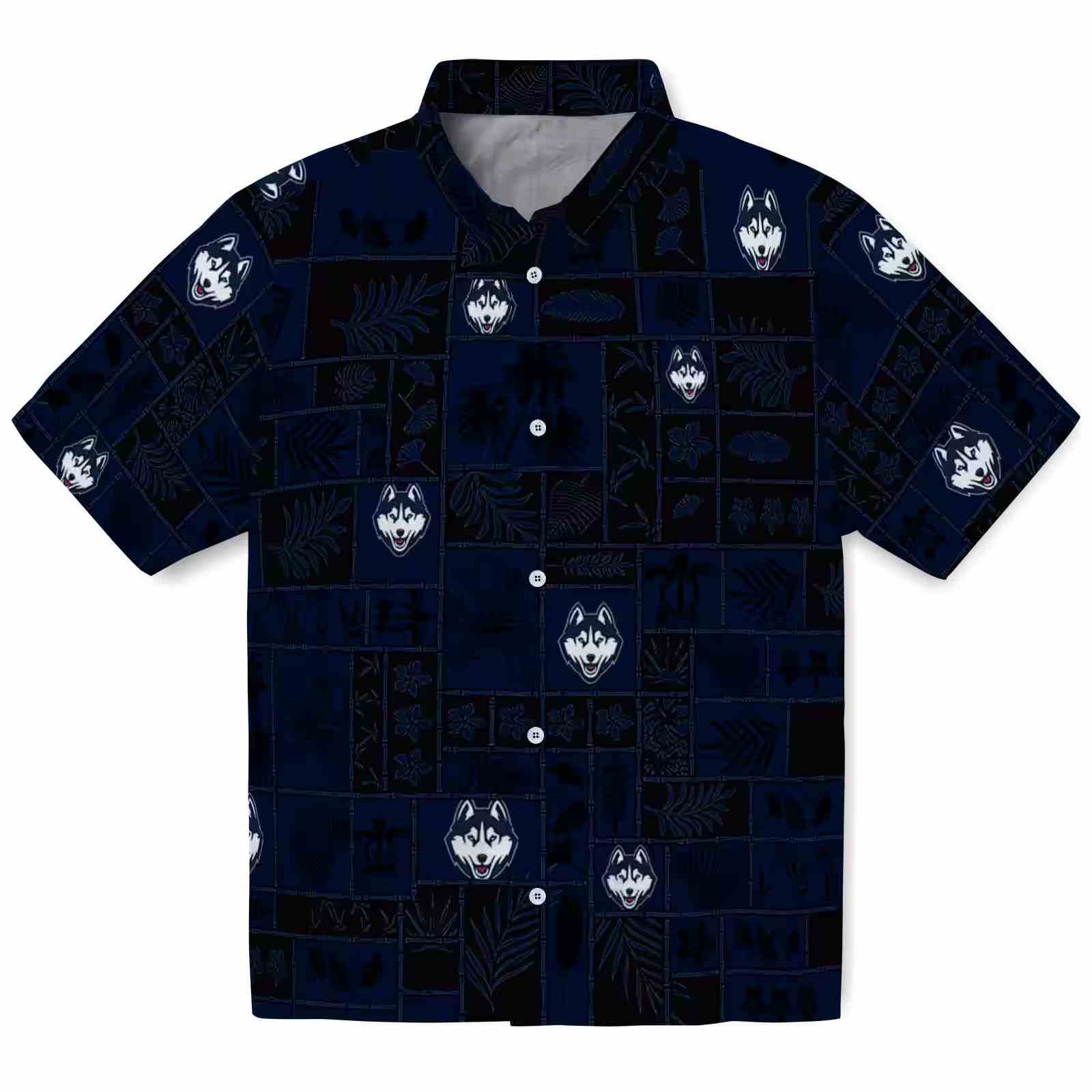 Uconn Huskies Tropical Patchwork Blue Black Hawaiian Shirt