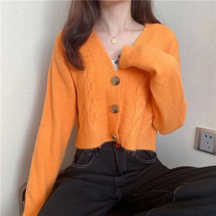 Autumn Winter New 2021 V Neck Short Cardigan Female Twist Sweater Coat Fall Single Breasted High Waist Women Knitted Jacket Tops alx