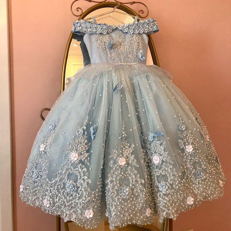 2022 Light Sky Blue Pearls Flower Girl Dresses For Wedding Party Ball Gowns Floor Length Tulle First Communion Dress vestidos de alx