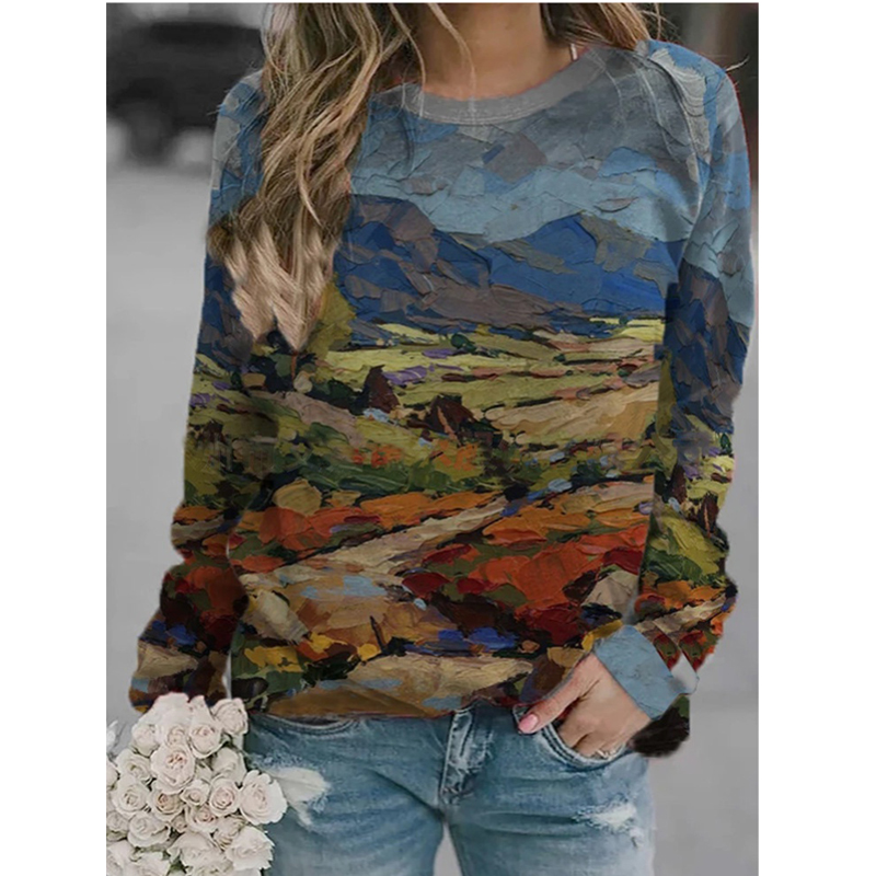 Winter Fashion Women Clothing Round Neck Print Sweatshirt Long Sleeve Casual Blouse Art Paintings Mountain Forest Tops & T-Shirt alx