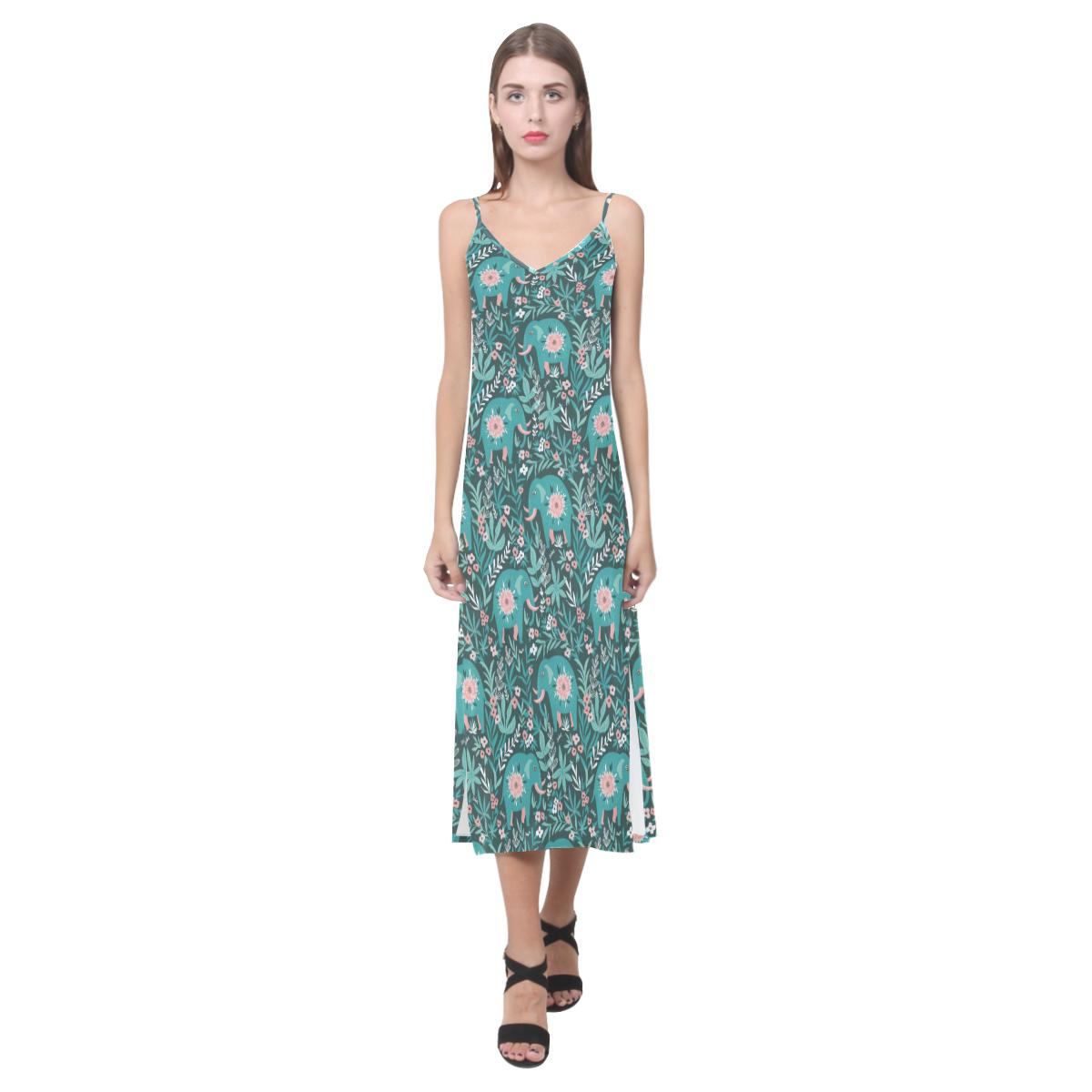 Elephants jungle pattern V-Neck Open Fork Long Dress