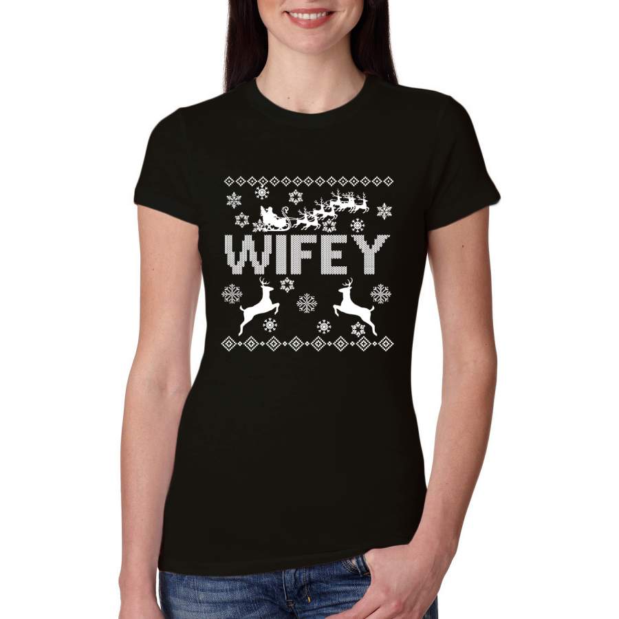 Christmas Wifey Love Ugly Christmas Sweater  Christmas Womens Slim Fit Junior Tee