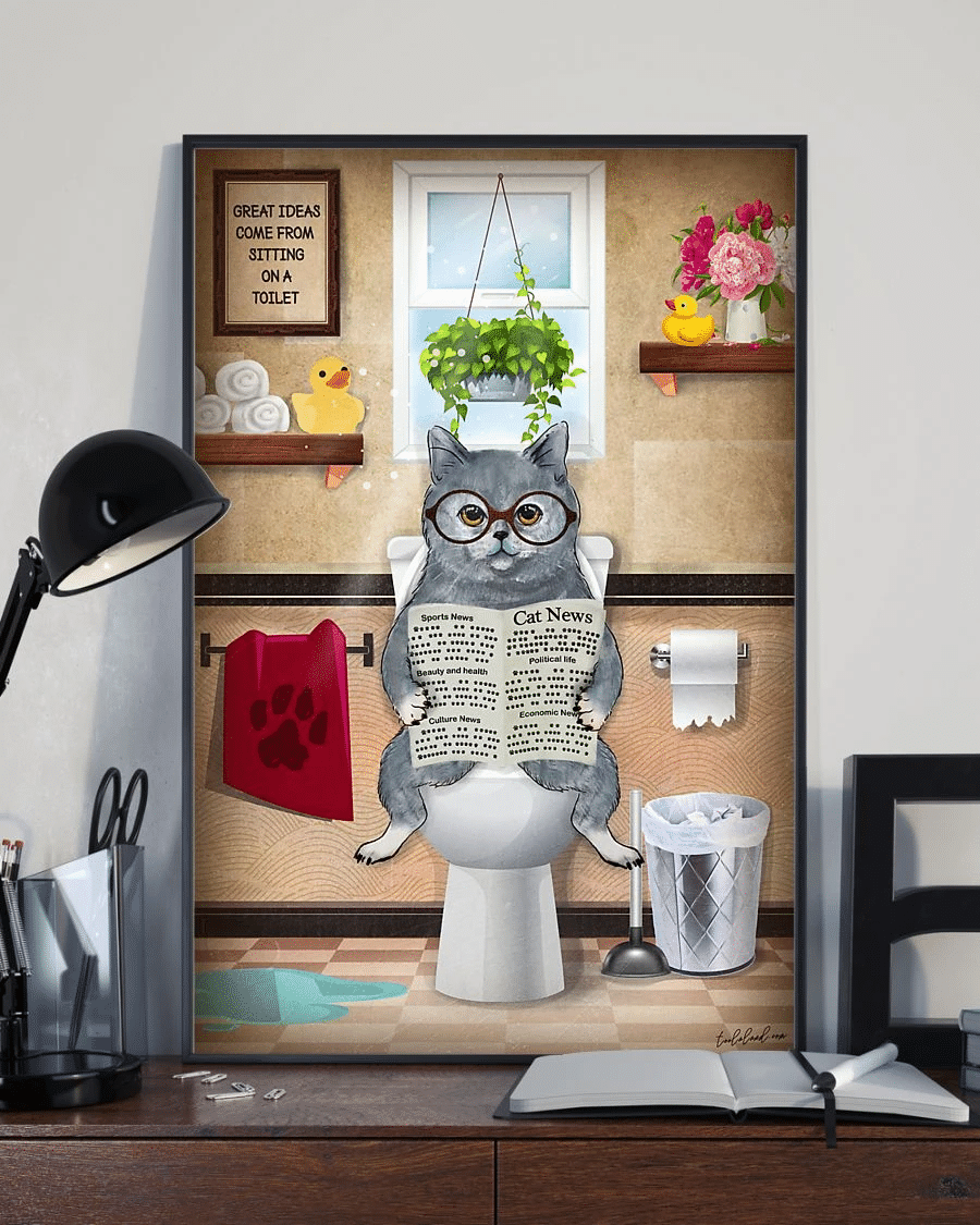 British Shorthair Cat Toilet Funny Poster Canvas – Cats Loves Home Decor Wall Art Evg80448