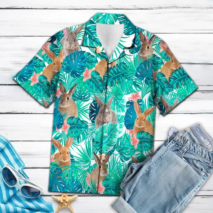 Waybackapparel Adorable Rabbit Tropical Lost In Lively Palm Leaves 3D Hawaiian Shirt