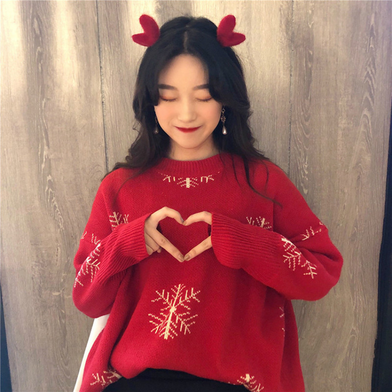 Sweaters Women Pullovers Christmas 2020 Round Neck Maglioni Korean Vintage Fluffy Large Size Red Sweaters Jersey Mujer Female alx