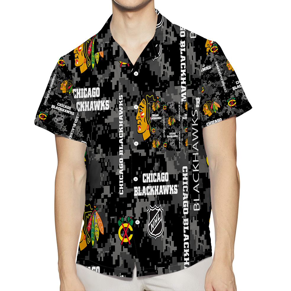 Chicago Blackhawks Emblem Camo Symbol 3D All Over Print Summer Beach Hawaiian Shirt With Pocket