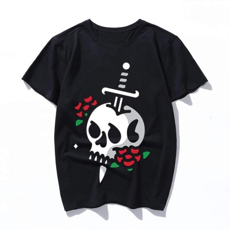 death flower tattoo Summer Large Size Loose Casual Fashion Print Cartoon Letter Short Sleeve O-neck tops Male/Female Vintage Loose T-Shirt