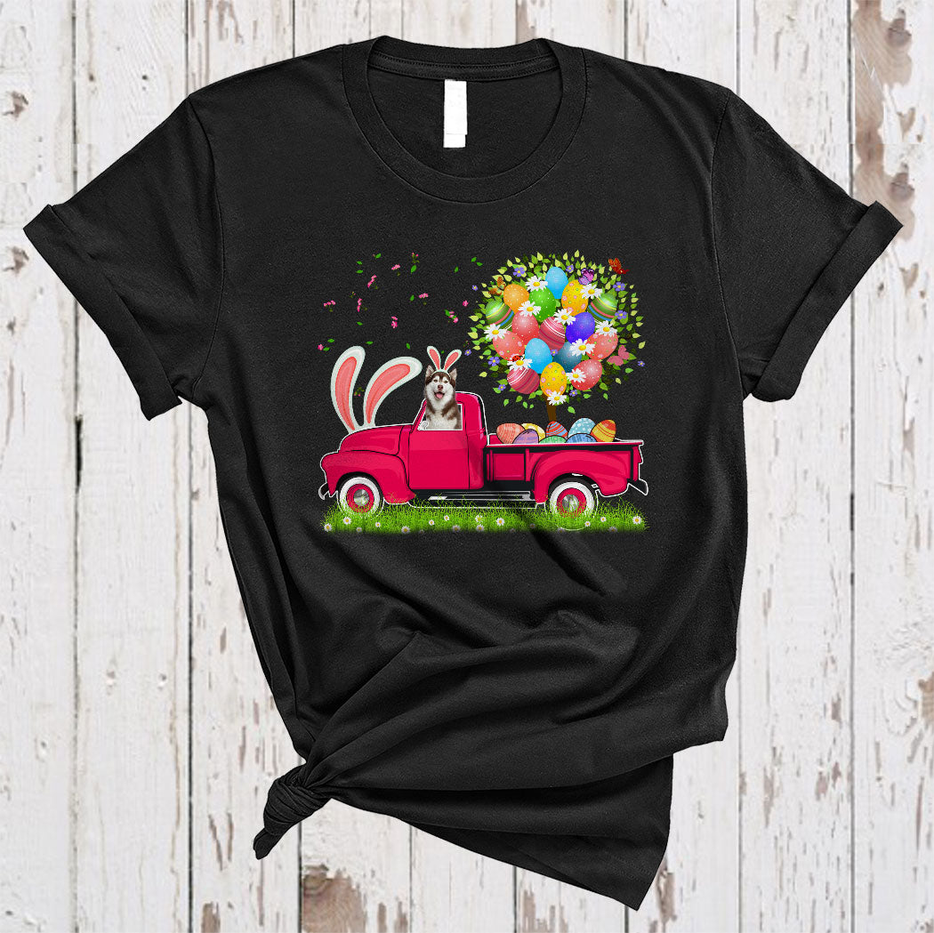 Bunny Husky Riding Pickup Truck Cute Easter Eggs Tree Flower Dog Lover Gifts T-Shirt