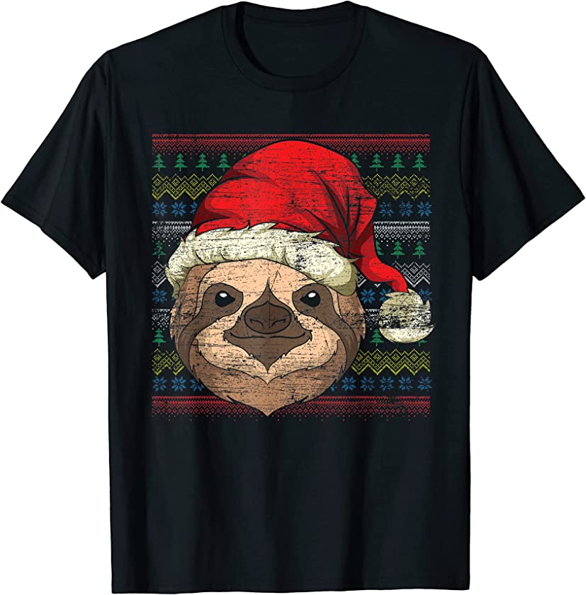 Ugly Christmas Lazy Animal Lover Santa Hat Merry Xmas Sloth T-Shirt