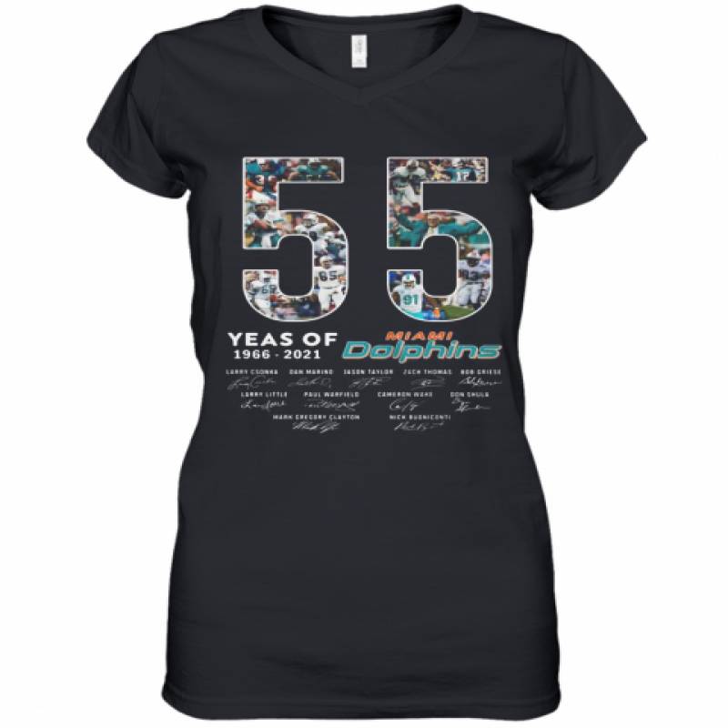 55 Years Of 1966 2021 Miami Dolphins Signatures Women's V-Neck T-Shirt