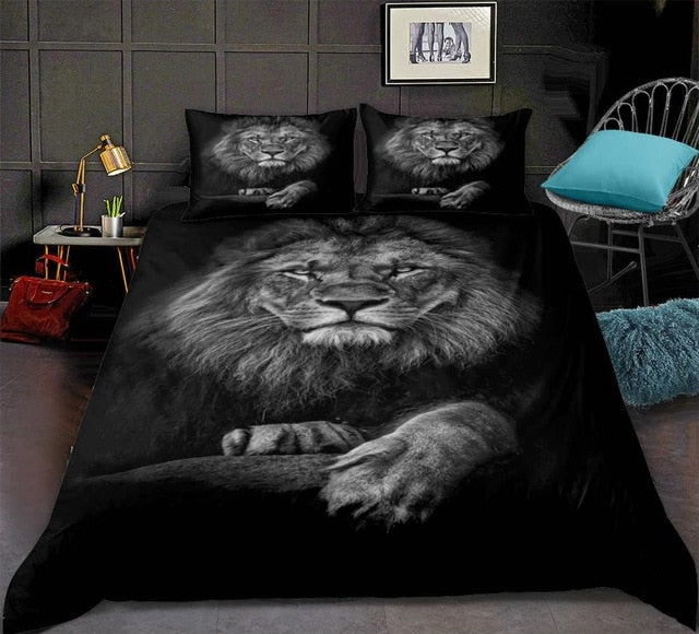 Black Strong Lion Pattern 3D Animals Duvet Cover Set, Microfiber Fabric Bedding