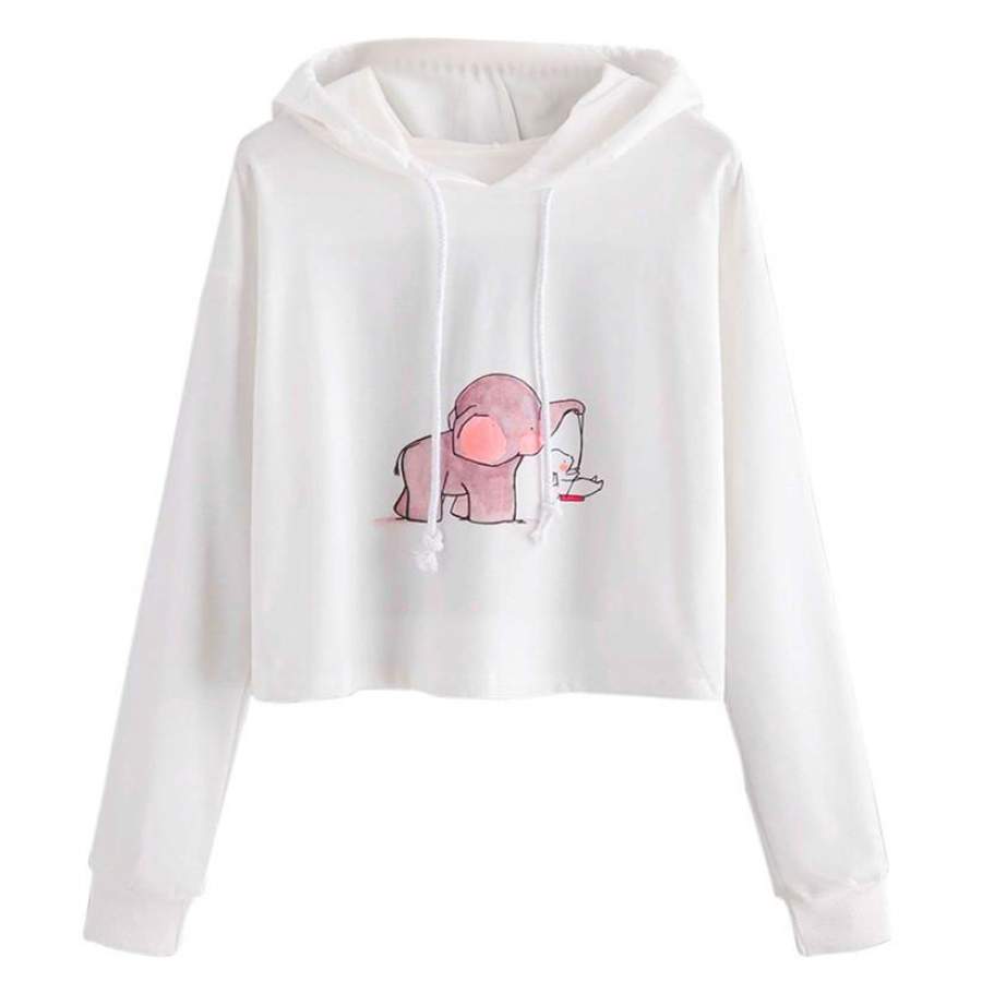 Chamsgend Hoodies Sweatshirts Women Elephant Rabbit Cartoon White Cap Shirt Crop Top White Pullover Hoody Sweatshirt 71221