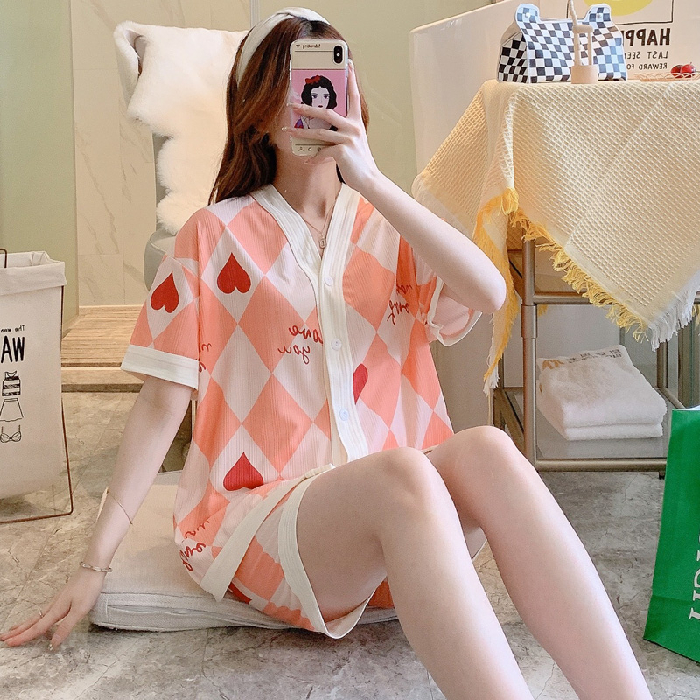 Summer Cotton Pajamas Women’s Kimono Cardigan Pajamas Women’s Short-sleeved Shorts Suit Cute Princess Style Kawaii Home Wear alx