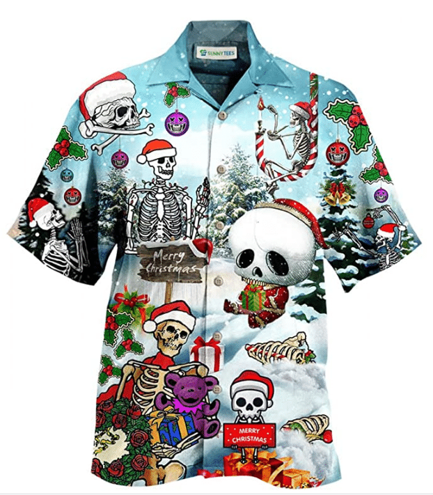 Christmas Hawaii Skull Snow Santa Hat Button Up Shirt For Men Ha6557