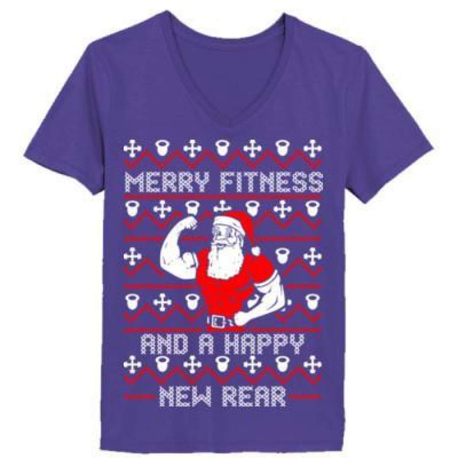 AGR Merry Fitness And A Happy New Rear Ugly Christmas Sweater – Ladies’ V-Neck T-Shirt