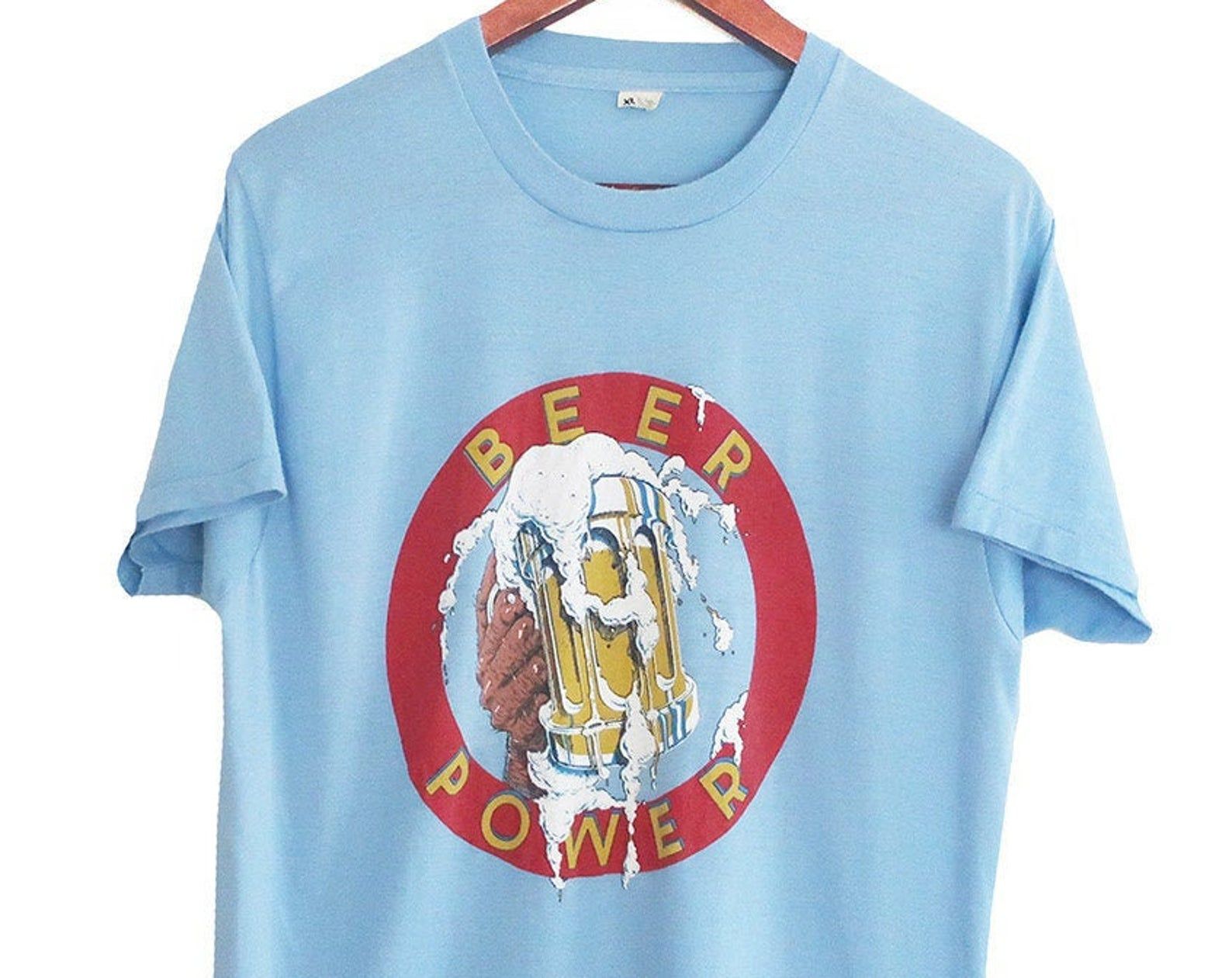 Vintage T Shirt / 80S Beer Shirt / Beer Power Shirt / 1980S Light Blue Beer Power Beer Drinking Single Stitch T Shirt