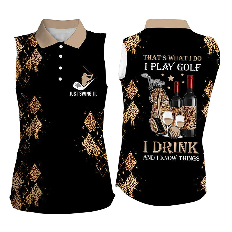 Black Leopard Women’S Sleeveless Polo Shirt, Funny Golf And Wine That’S What I Do, I Play Golf I Drink