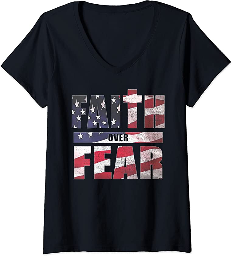 Womens Vintage Mens Faith Over Fear Christian USA Flag Memorial Day V-Neck T-Shirt