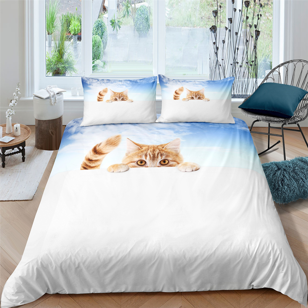 Cute Kitty 3D Bedding Set Queen Duvet Cover With Pillowcase Bed Cover Qulit Cover Cat Puppy Pattern