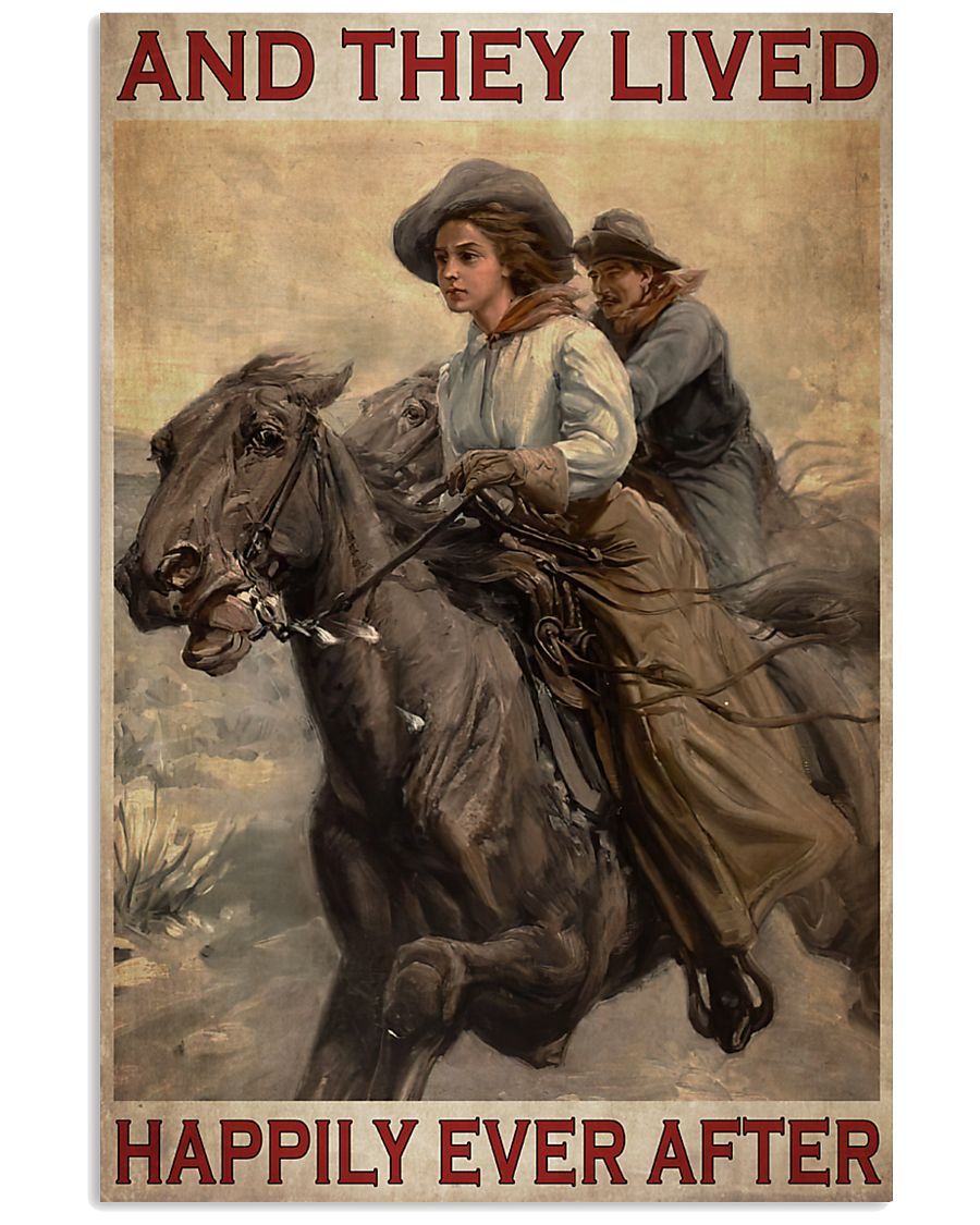 Couple riding horse they lived happily ever after poster canvas
