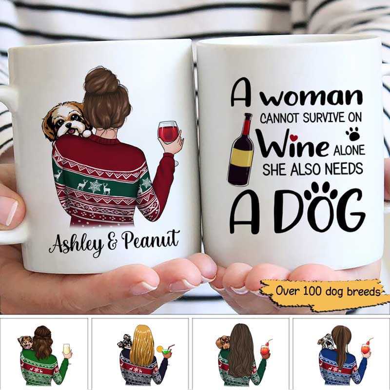 Woman Survive On Wine And Peeking Dog Personalized Coffee Mug