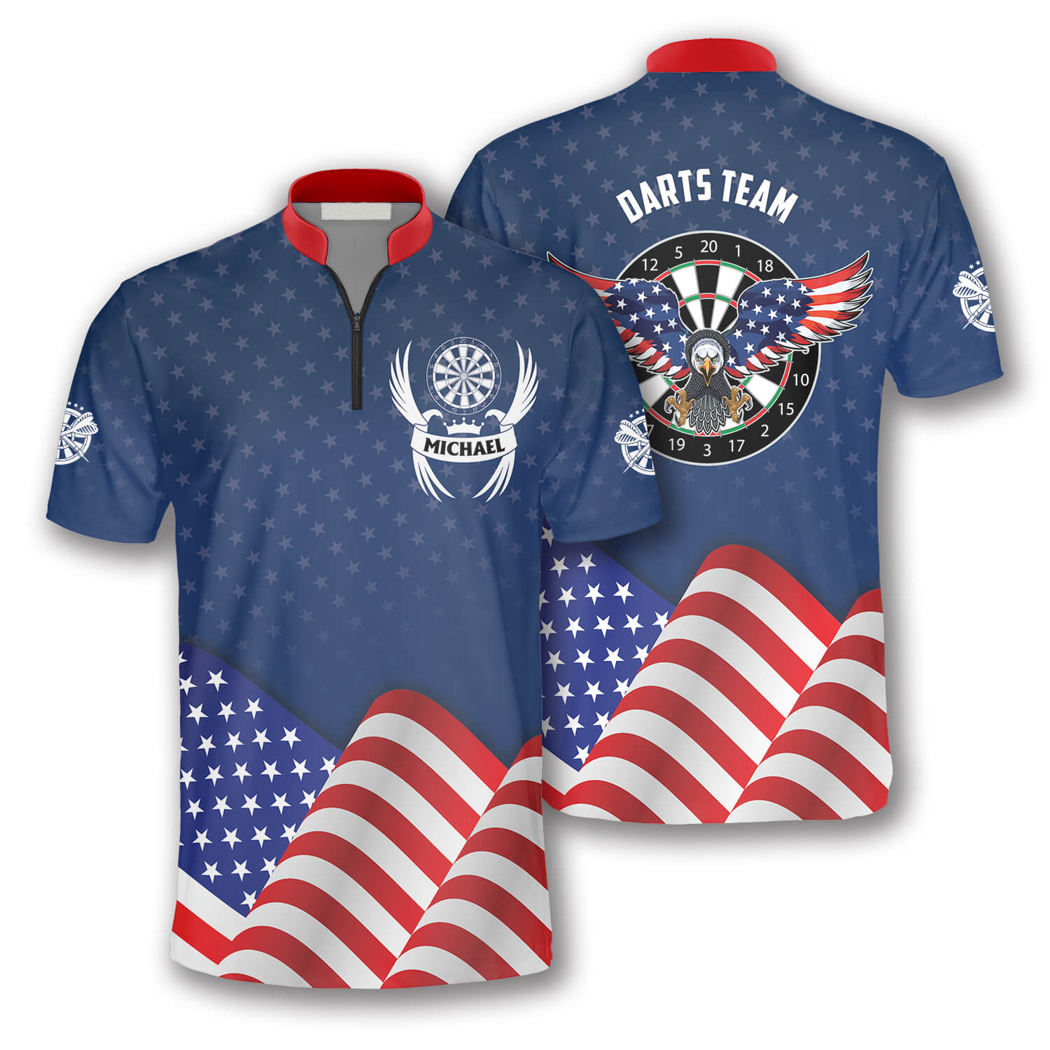 Blue Waving Flag Custom Darts Jerseys For Men, Uniform Shirt For Dart Team, Dart Player