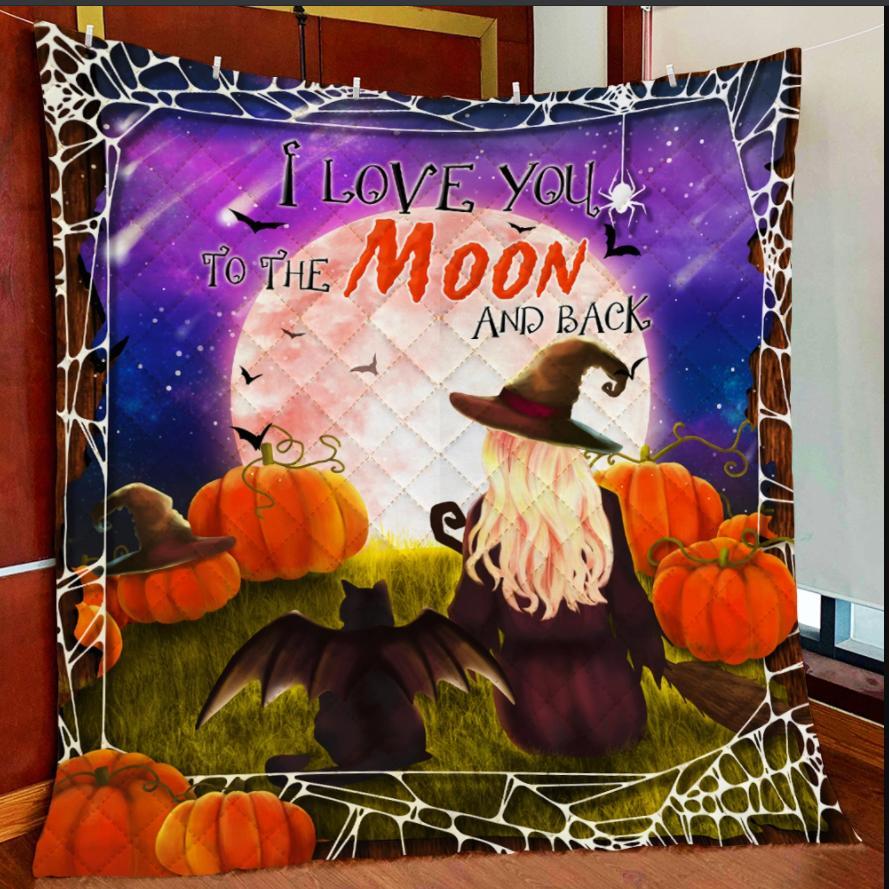 Witch Black Cat I Love You To The Moon And Back Halloween Gift Fleece Blanket – Quilt Blanket