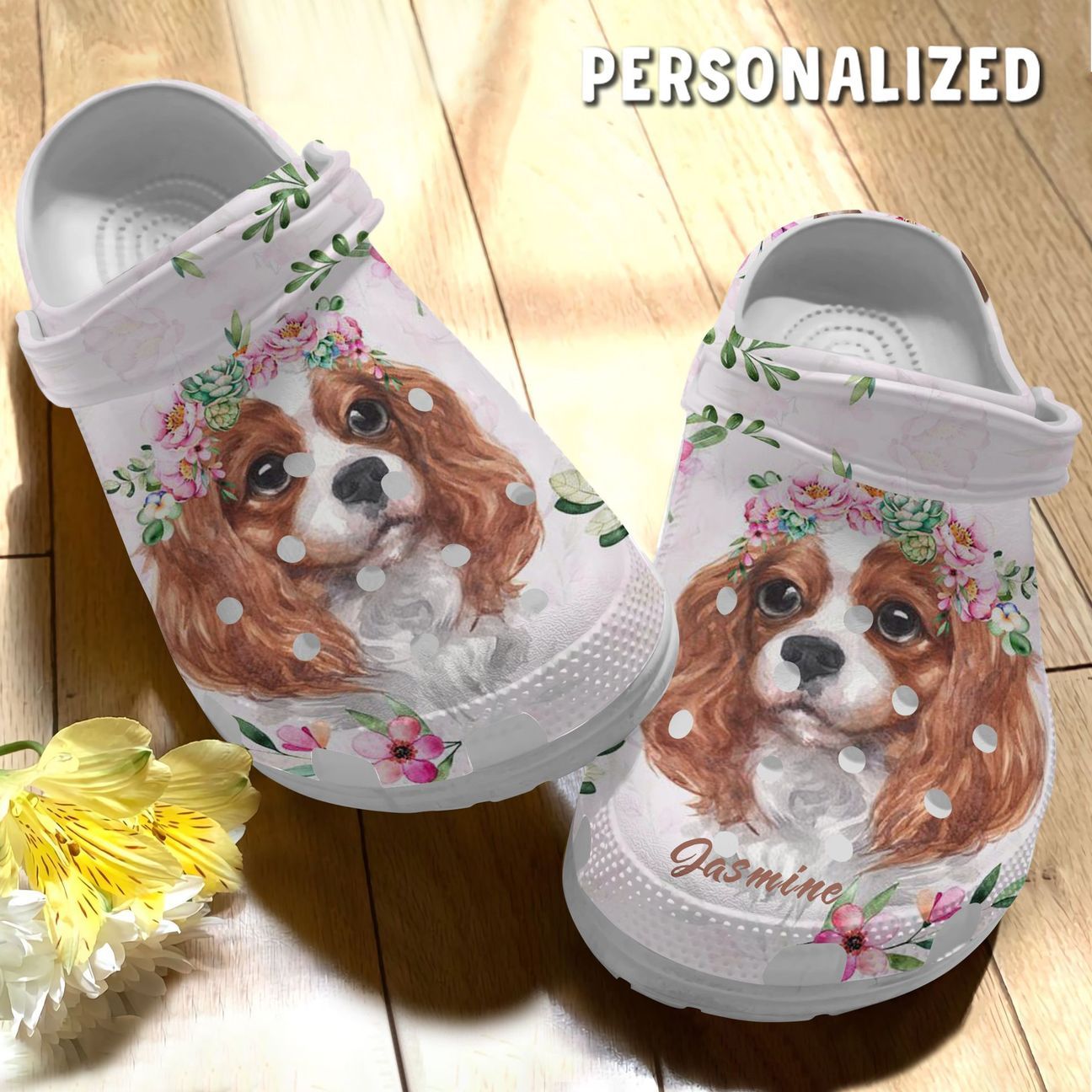 Cavalier King Charles Spaniel Personalized Clog, Custom Name, Text Cavalier King Charles Spaniel Floral, Fashion Style For Women, Men, Kid, Print 3D