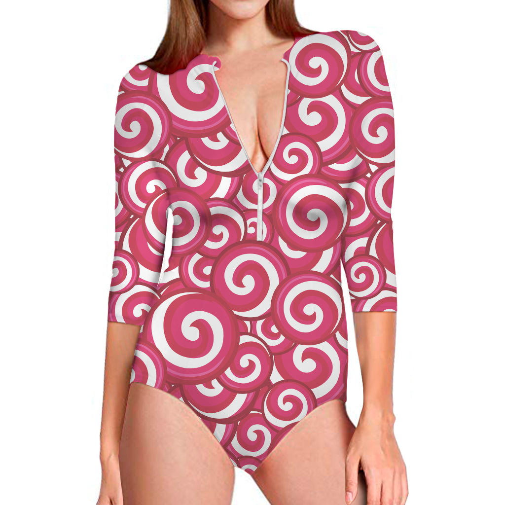 Pink Lollipop Candy Pattern Print Long Sleeve One Piece Swimsuit