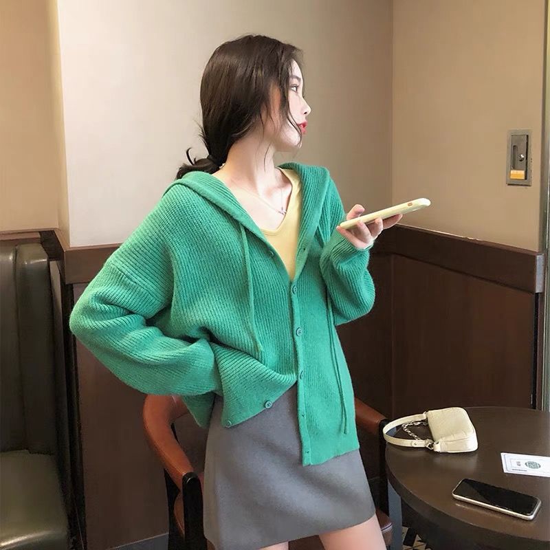 Women’s hooded knitted cardigan autumn loose pure Harajuku girl Kawaii cardigan sweater casual sweet college style sweater alx