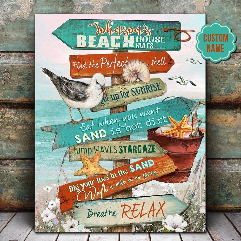 [Personalized Name] Beach House Rules – Gift For Family, Lovely Gift, Gift For Home Decor – Horizontal Canvas Matte Canvas Wall Art