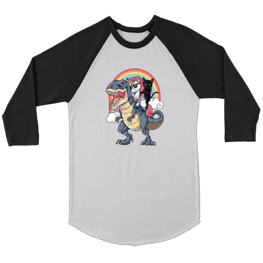 Unicorn and Black Cat Riding Dinosaur Rainbow – Canvas 3/4 Raglan Shirt