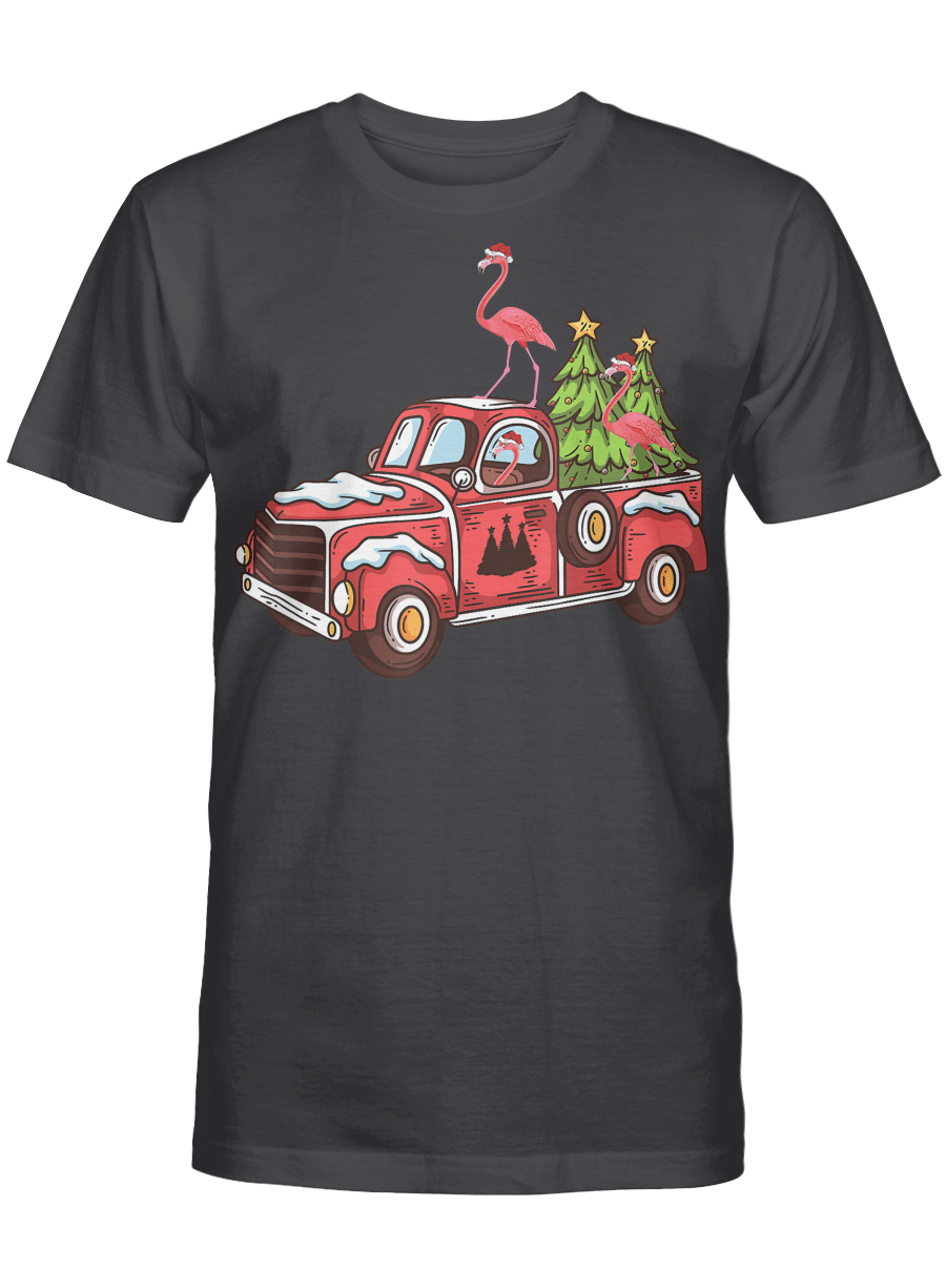 AmazeStyleZ Santa’s Reindeer, Ugly Christmas Sweater, Christmas Gift Ideas, Flamingo Riding Christmas Tree Truck Flamingo Christmas T-Shirt