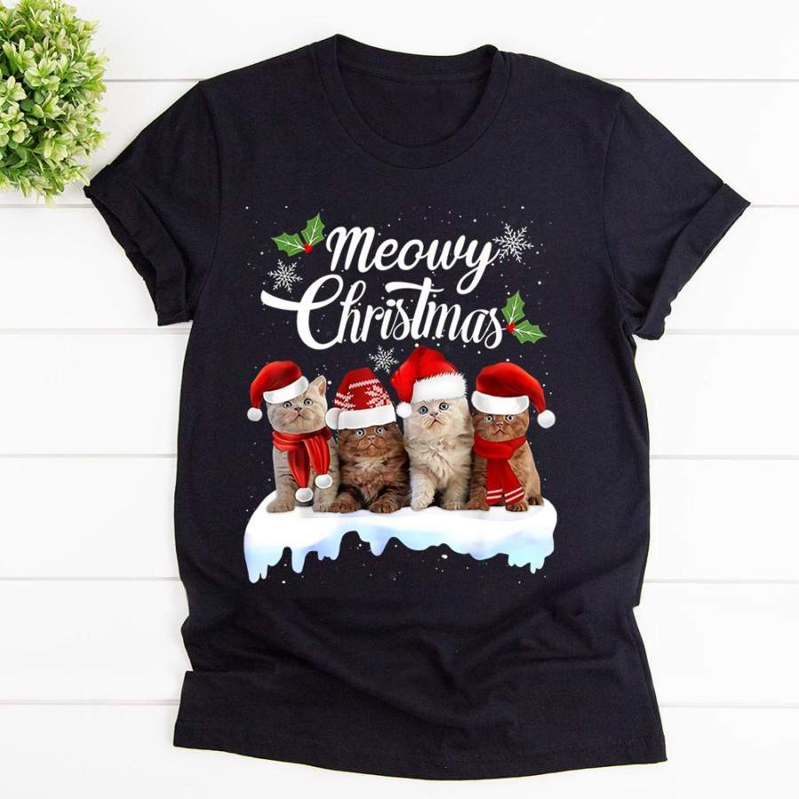 Meowy christmas kitten cat kitty merry christmas black cotton t shirt for men and women S-6XL