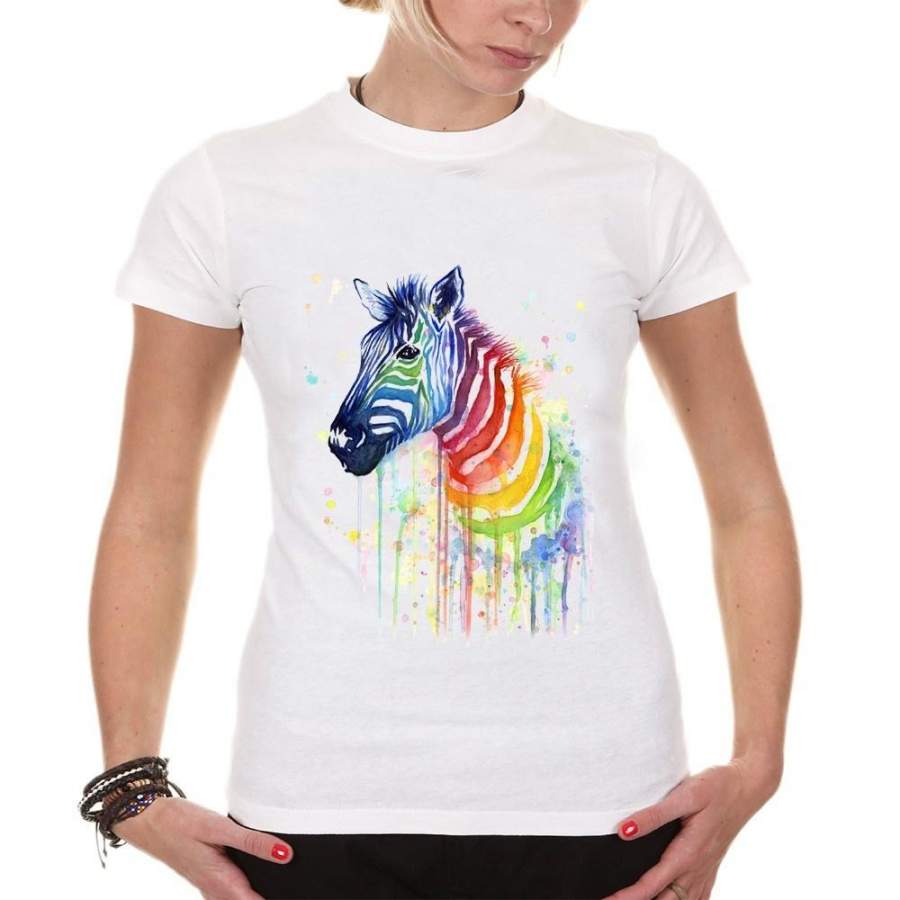 Watercolor Rainbow Zebra Print T Shirt Women Lovely Style Hot Sale Shirt Comfortable Soft Women Tops