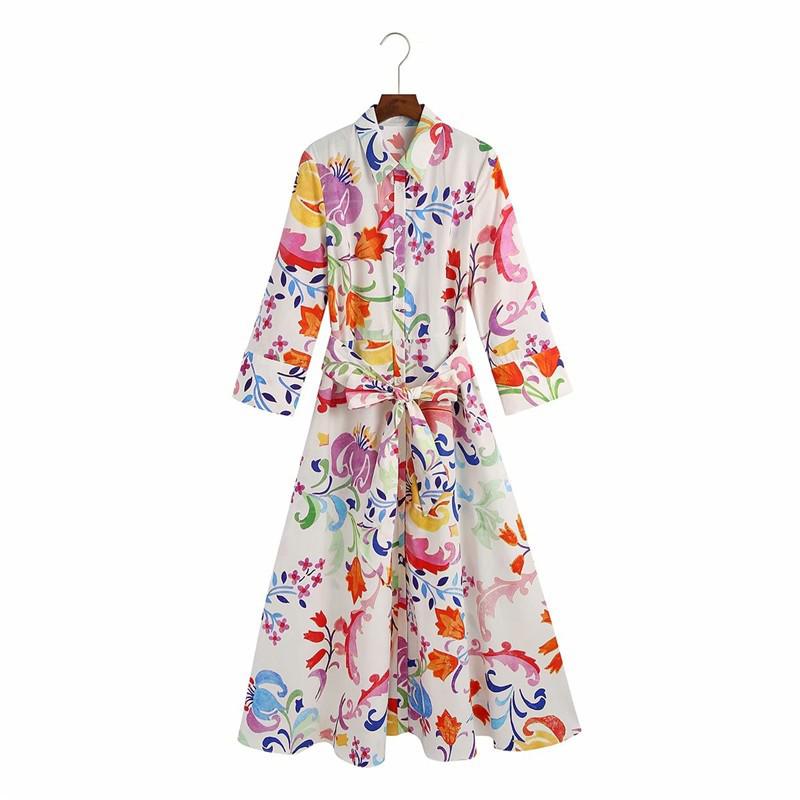 TMODA1654 2022 Summer Women Vintage Totem Floral Print Dress With Bow Female Sashes Midi Shirt Dress Chic Casual Slim Vestido alx