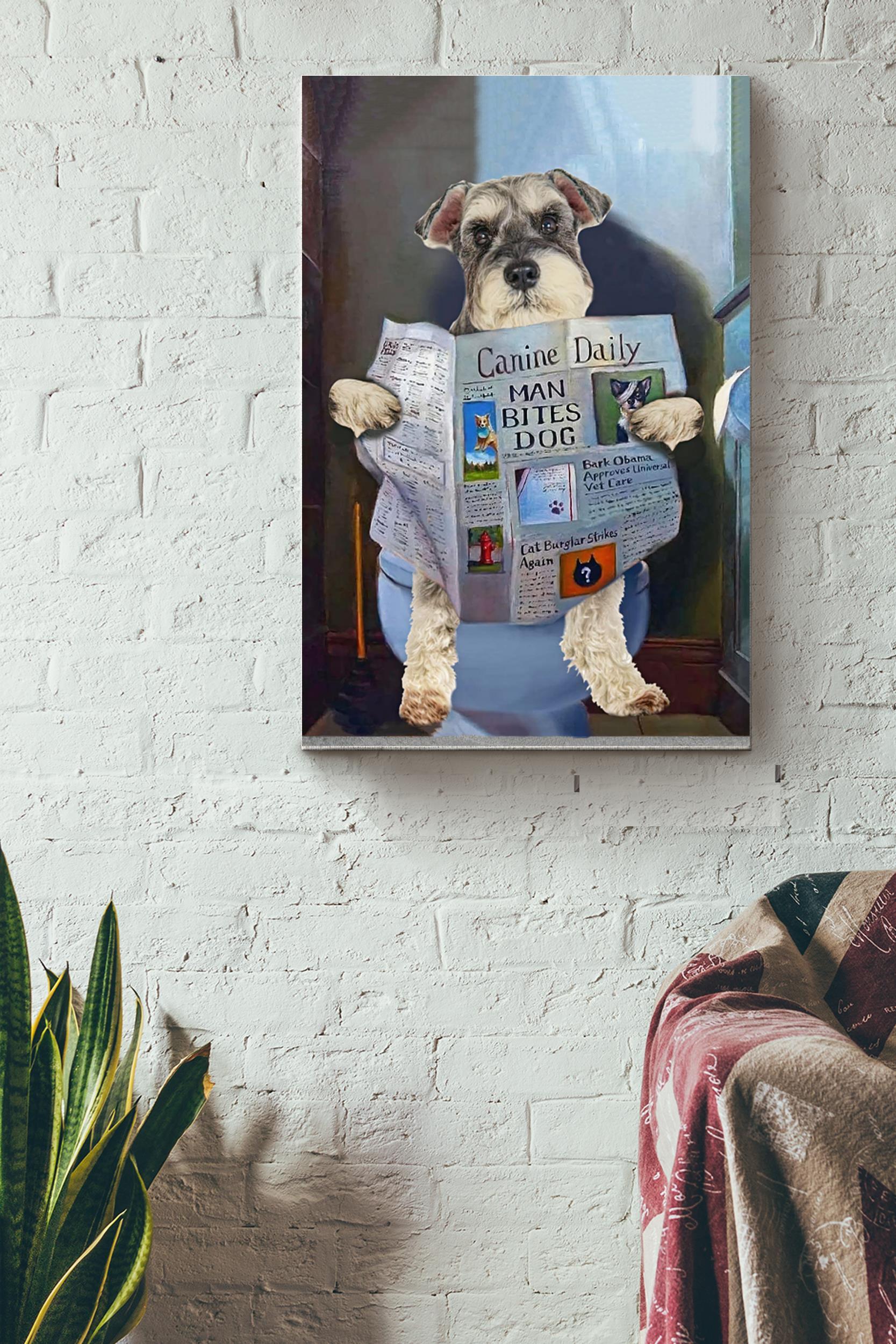 Canine Daily Man Bites Dog Poster – Animals Wall Art – Gift For Dog Lovers Puppy Fan Kids Baby Room Decor Bathroom Decor Wrapped Canvas