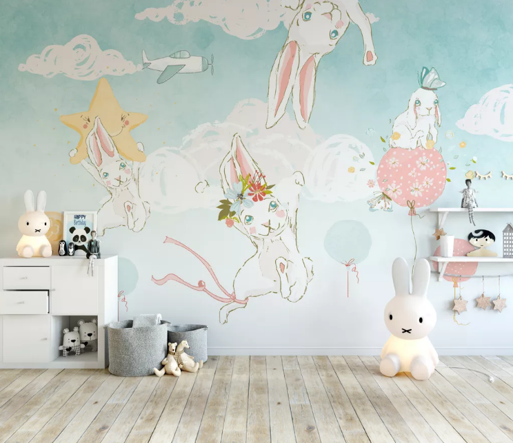 3D Rabbit Star Balloon Wall Mural Wallpaper 2362