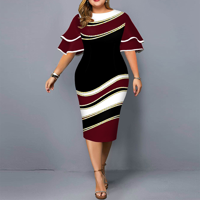 Women’s dress Plus Size Dresses 2021 Autumn Elegant Layered Sleeve Evening Party Dress Chic Geometric Print Club Dress 4XL 5XL alx