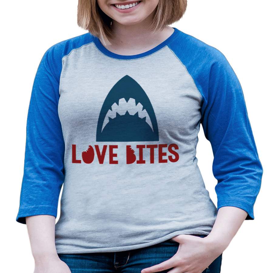 7 ate 9 Apparel Women’s Love Bites Shark Valentine’s Day Blue Raglan Shirt