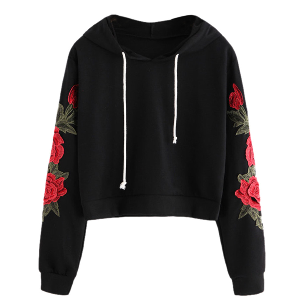 Winter Clothes Women’s Crop Top Jumper Cropped Sweater Women Applique Rose Sweatshirt Long Sleeve Blouse Hooded Pullover Shirt alx