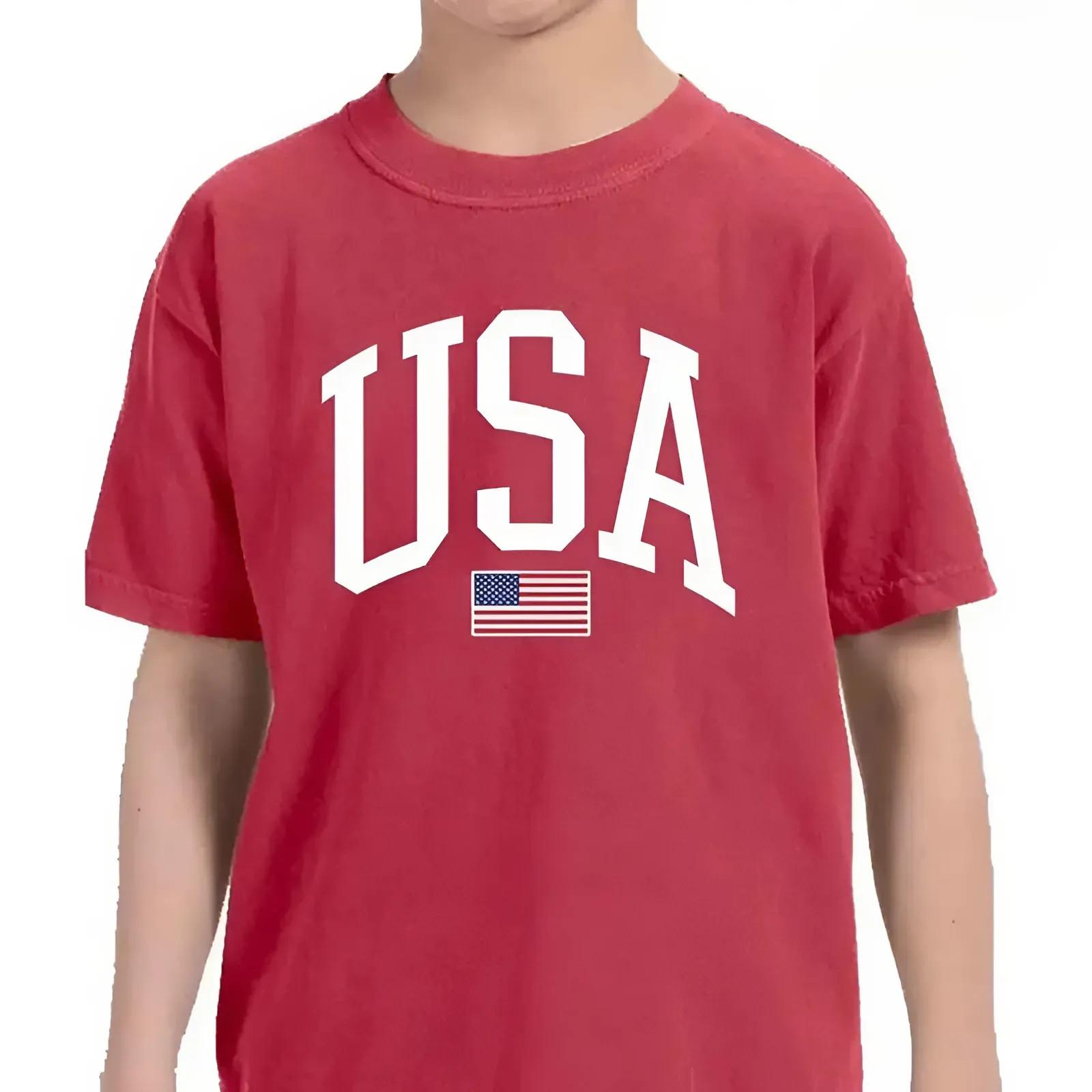 USA Flag Youth T-Shirt Retro Patriotic Tee for Boys and Girls, Trendy 4th of July Independence Day Summer Shirt