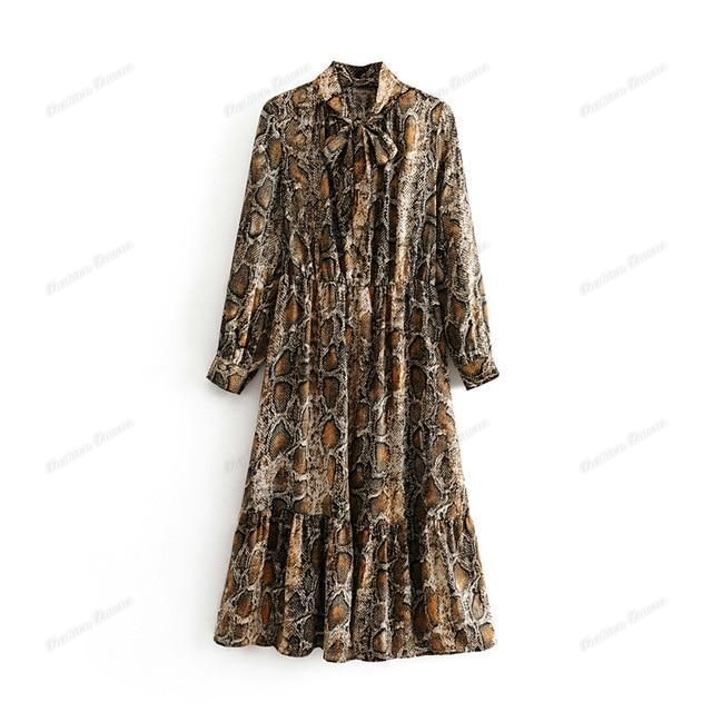 Tangada women snake print midi dress long sleeve 2019 autumn winter vintage bow tie lady female dress vestidos 3H03