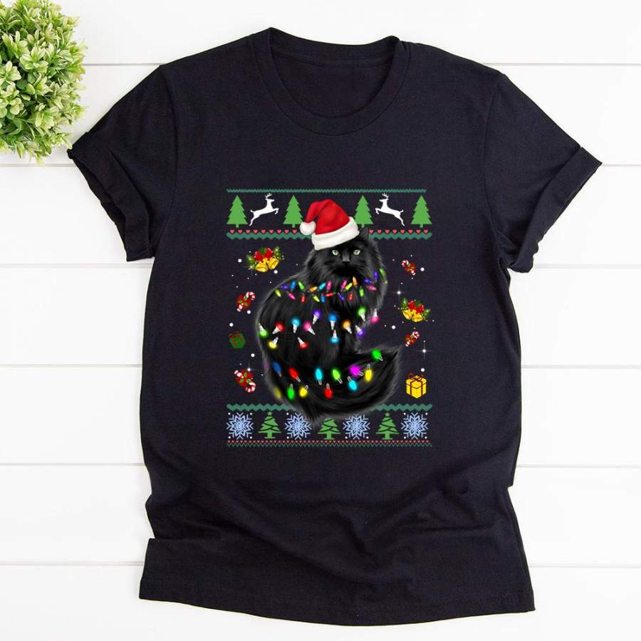 Black cat santa hat lights cat lover ugly christmas black cotton t shirt for men and women s-6xl