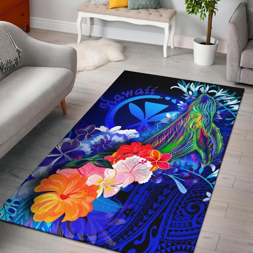 Polynesian Hawaii Area Rug – Kanaka Maoli Humpback Whale with Tropical Flowers (Blue)- BN18