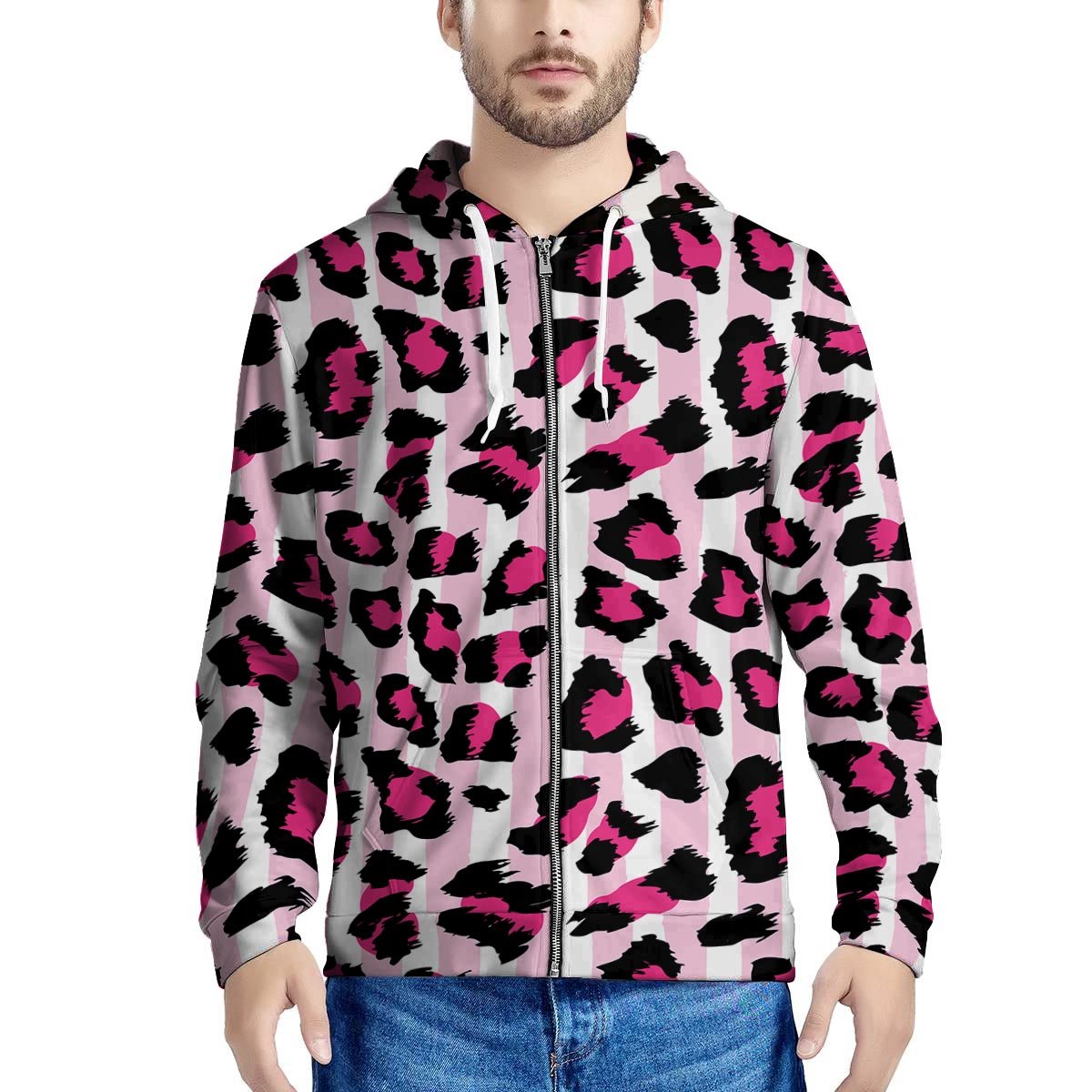 Pink Striped Leopard Men’S Zip Up Hoodie