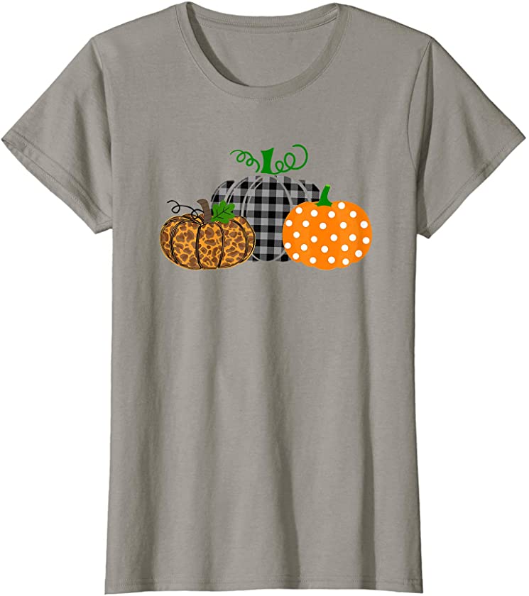 Womens Leopard Buffalo Plaid Polka Dot Pumpkin Halloween T-Shirt